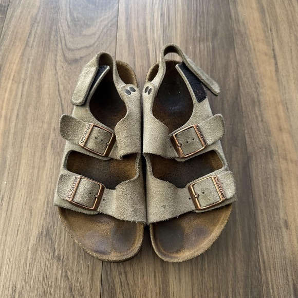 Birkenstock Sandals Kids Size EU 31/13 Taupe Milano Suede Leather Hook Loop Heel - Picture 1 of 8